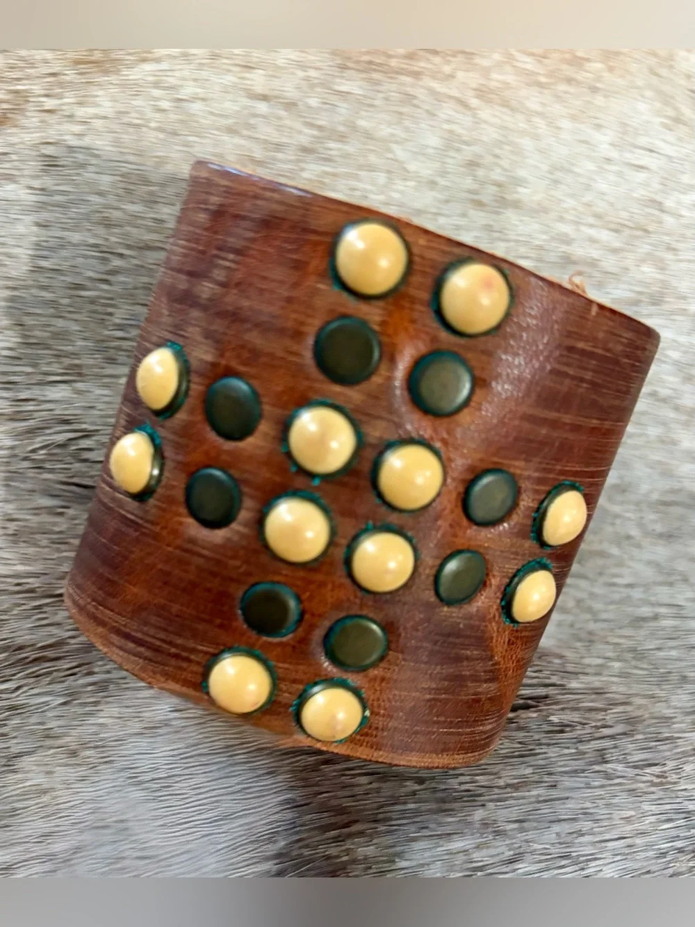 Women’s Brown Leather Studded Bracelet with Green and Beige Accents